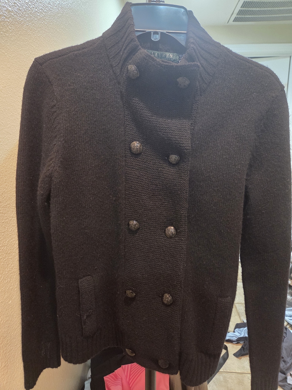 Lauren Ralph Lauren Dark Brown Double-Breasted Knit Pea Coat